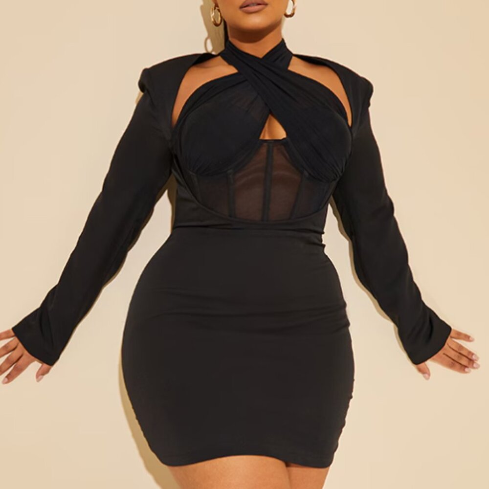 NWT Plus Black Corset Cross Front Bodycon Dress